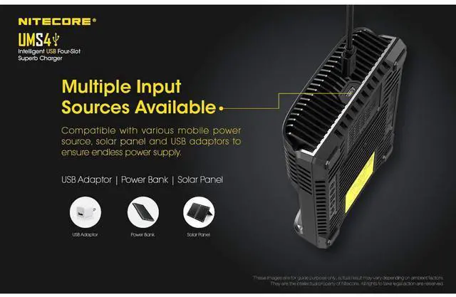 Alt view image 7 of 7 - UMS4 Intelligent USB Four Slot Quick Battery Charger for Li-Ion/Ni-MH/Ni-Cd/IMR 16340 14500 18650 21700 20700 AA AAA and More Batteries, with LumenTac QC3.0 Charging Adapter