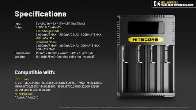 Alt view image 6 of 7 - Ci4 Four Bay Universal Battery Charger Support 16340 14500 18650 21700 Lithium Ion AA AAA Ni-MH Ni-CD, USB QC PD with Lumentac Battery Organizer