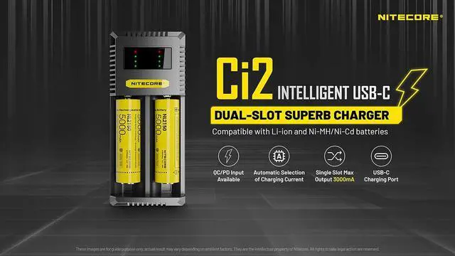 Alt view image 3 of 7 - Ci2 2 Bay Universal Battery Charger Support 16340 14500 18650 21700 Lithium Ion AA AAA Ni-MH Ni-CD, with USB QC PD Charging Adapter and Lumentac Battery Organizer