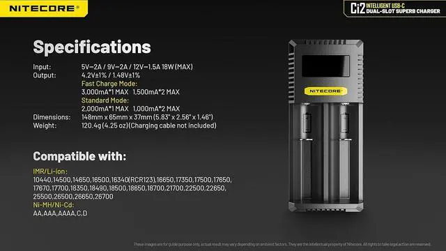 Alt view image 6 of 7 - Ci2 2 Bay Universal Battery Charger Support 16340 14500 18650 21700 Lithium Ion AA AAA Ni-MH Ni-CD, with USB QC PD Charging Adapter and Lumentac Battery Organizer