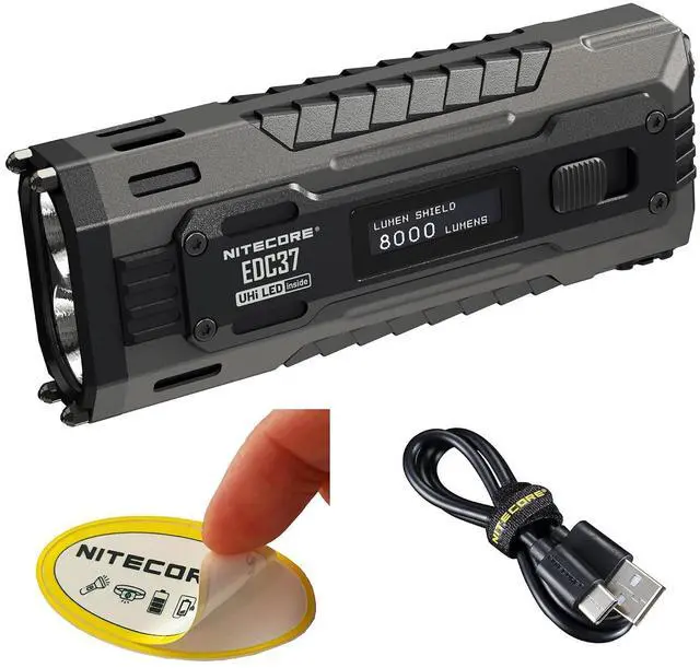 Main image of EDC37 EDC Flashlight, 8000 Lumen Flat Shape USB-C Rechargeable Fast Charging with Digital OLED Display and Mechanical Lock Sticker