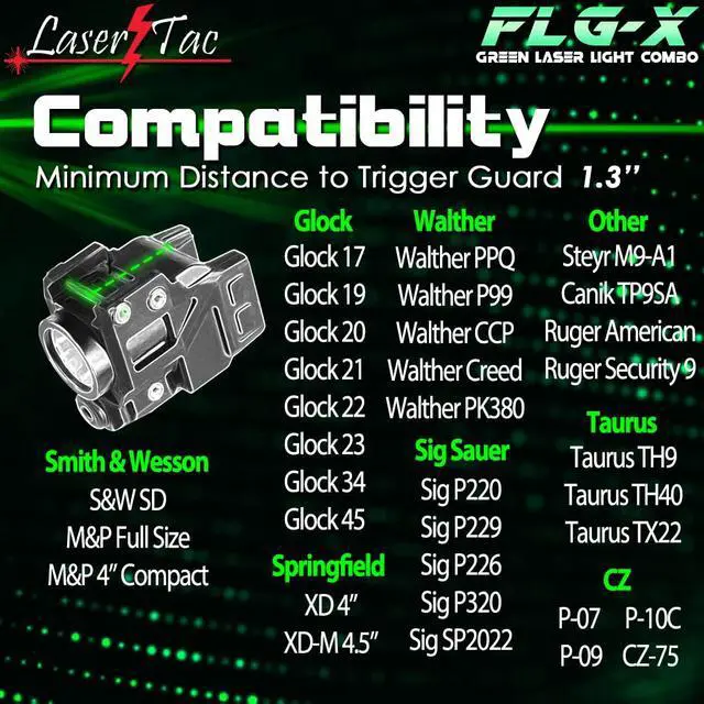 Alt view image 3 of 7 - Rechargeable Green Laser Light Combo for Subcompact Pistols & Handguns with Rails, Compatible with Springfield XD XD-S XDM S&W M&P Beretta PX-4 Taurus Millennium Walther PPQ PPS PPX