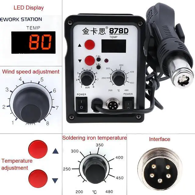 Alt view image 2 of 7 - 220V 700W 2-in-1 SMD Digital Display Soldering Station with Hot-Air Gun and Solder Iron Black