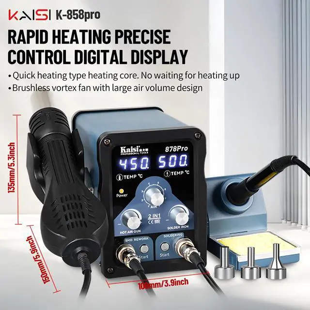 Alt view image 2 of 7 - 878Pro 700W Soldering Station 2 in 1 Hot Air Gun Solder Station Sleep Mode Electronics Soldering Iron Tools SMD BGA Rework