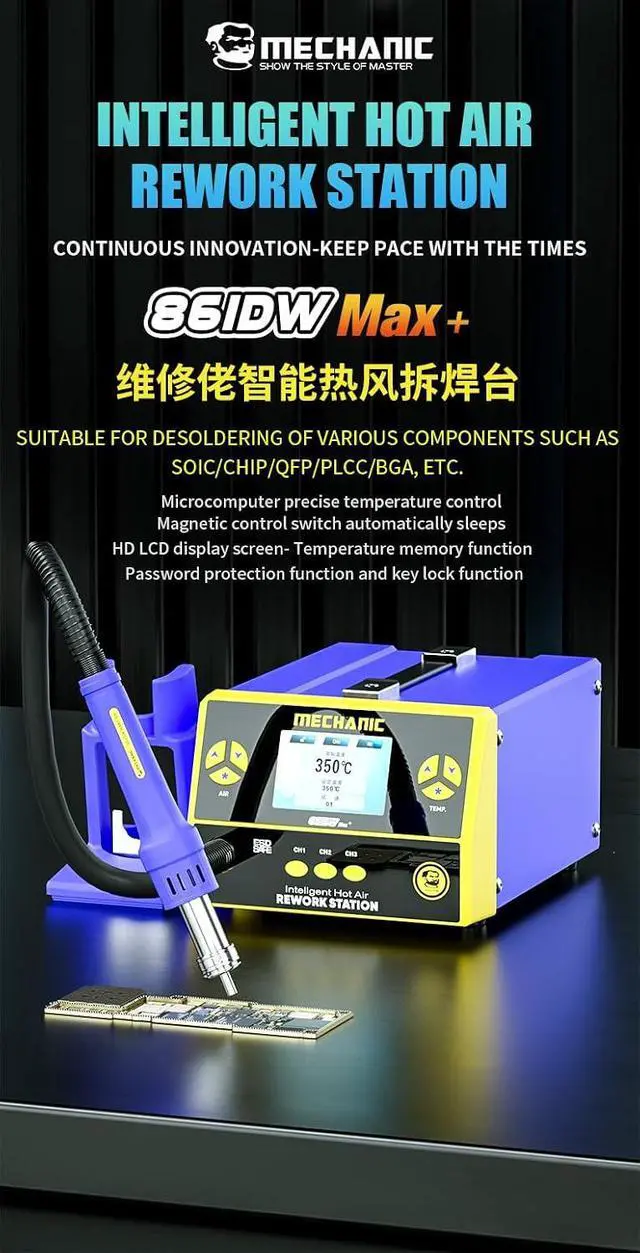 Alt view image 2 of 7 - Rework Hot Air Gun MECHANIC 861DW Max+ for Phone Motherboard Repair 1000W Soldering Station PCB Welding Desoldering Tool