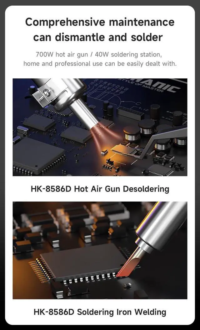 Alt view image 3 of 7 - Hot Air Soldering Station MECHANIC HK-8586D 700W 2 In 1 SMD Soldering Iron Repair LED Digital Display Heat Gun Soldering Tool
