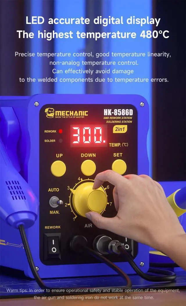 Alt view image 6 of 7 - Hot Air Soldering Station MECHANIC HK-8586D 700W 2 In 1 SMD Soldering Iron Repair LED Digital Display Heat Gun Soldering Tool