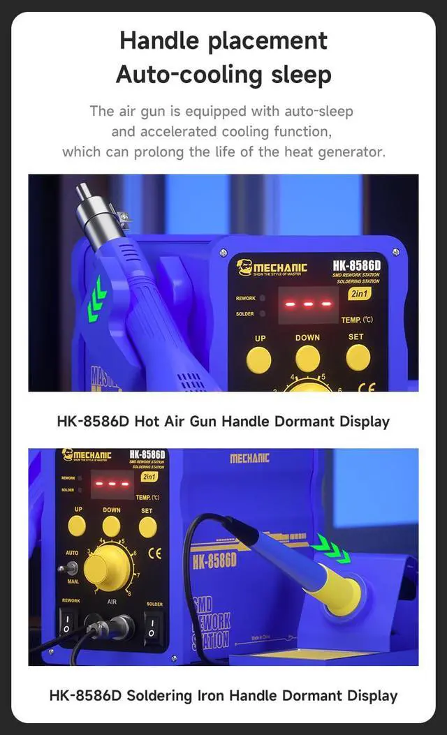 Alt view image 7 of 7 - Hot Air Soldering Station MECHANIC HK-8586D 700W 2 In 1 SMD Soldering Iron Repair LED Digital Display Heat Gun Soldering Tool