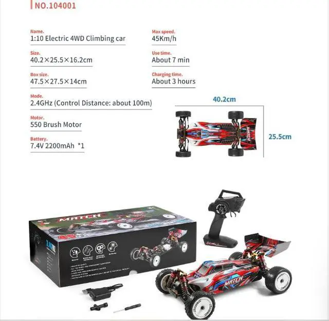 Alt view image 6 of 6 - XKS 104001 RC Car 45km/h High Speed Racing Car 1/10 2.4GHz RC Buggy 4WD Racing Off-Road Drift Car (104001 2 * 2200mAH)