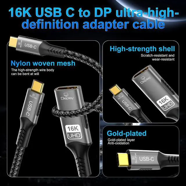 Alt view image 4 of 7 - USB-C USB4.0 Thunderbolt 4 to DisplayPort 16K Video Cable M/F 16K(7680x4320)@60Hz 4K@240Hz 8K@120Hz Display Port 2.1