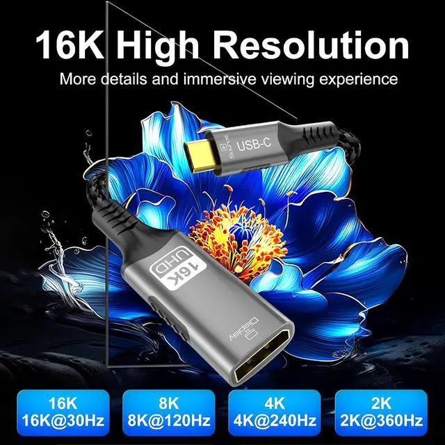 Alt view image 3 of 7 - USB-C USB4.0 Thunderbolt 4 to DisplayPort 16K Video Cable M/F 16K(7680x4320)@60Hz 4K@240Hz 8K@120Hz Display Port 2.1