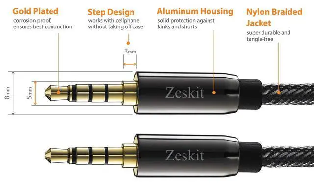Alt view image 2 of 6 - Premium 3.5mm Jack Male to Male AUX Audio Cable, TRRS 4 Poles for Headphones with Mic, Speakers - 4ft