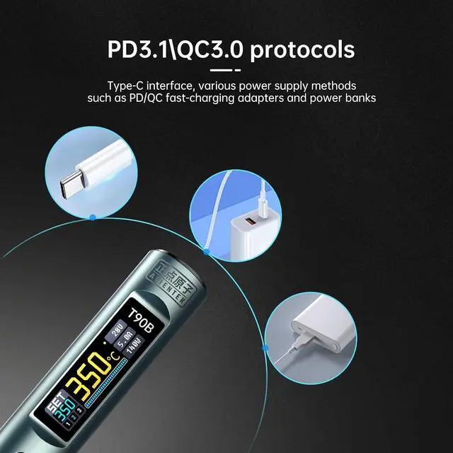 Alt view image 6 of 7 - T90 Smart Soldering Iron 140W PD3.0 QC Fast Heating Digital Soldering Pen with LCD Display, Portable USBC Soldering Tool for Electronics Repair, DIY, PCB Soldering (Dark green, T90B)