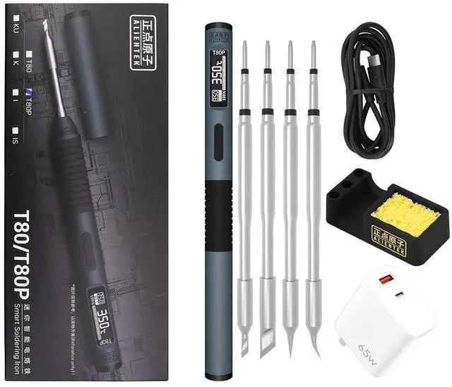 Main image of Soldering Iron Kit, 100W Fast Heating T80/T80P Digital Soldering Iron PD/QC,Type-C Portable Digital OLED Screen Display, Auto Sleep (T80P+C2C+4 type tips+PD 65W)