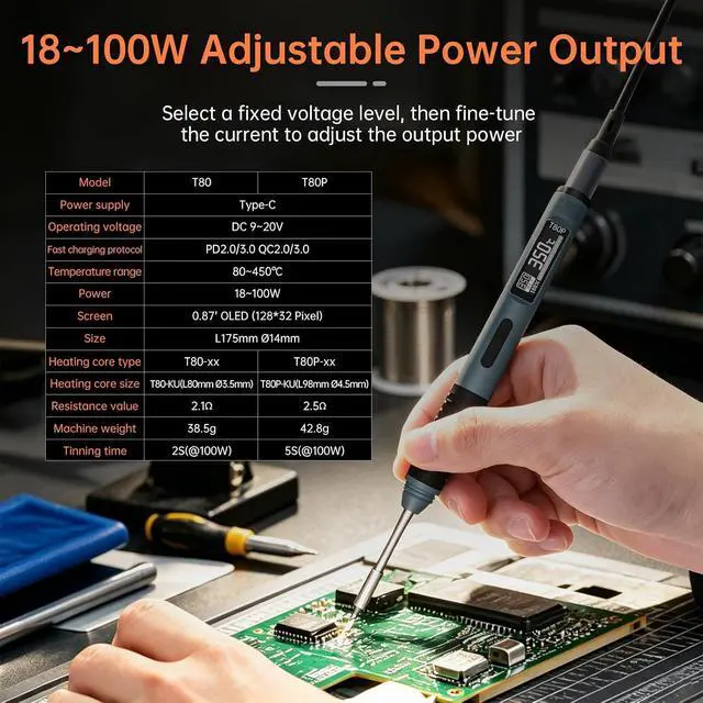 Alt view image 3 of 7 - Soldering Iron Kit, 100W Fast Heating T80/T80P Digital Soldering Iron PD/QC,Type-C Portable Digital OLED Screen Display, Auto Sleep (T80P+C2C+4 type tips+PD 65W)