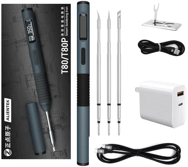 Main image of Soldering Iron Kit, 100W Fast Heating T80/T80P Digital Soldering Iron PD/QC,Type-C Portable Digital OLED Screen Display, Auto Sleep (T80+C2C+3 type tips+PD 65W)