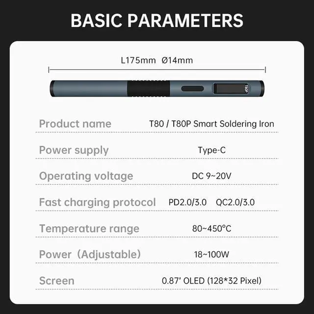 Alt view image 3 of 6 - Soldering Iron Kit, 100W Fast Heating T80/T80P Digital Soldering Iron PD/QC,Type-C Portable Digital OLED Screen Display, Auto Sleep (T80+C2C+3 type tips+PD 65W)