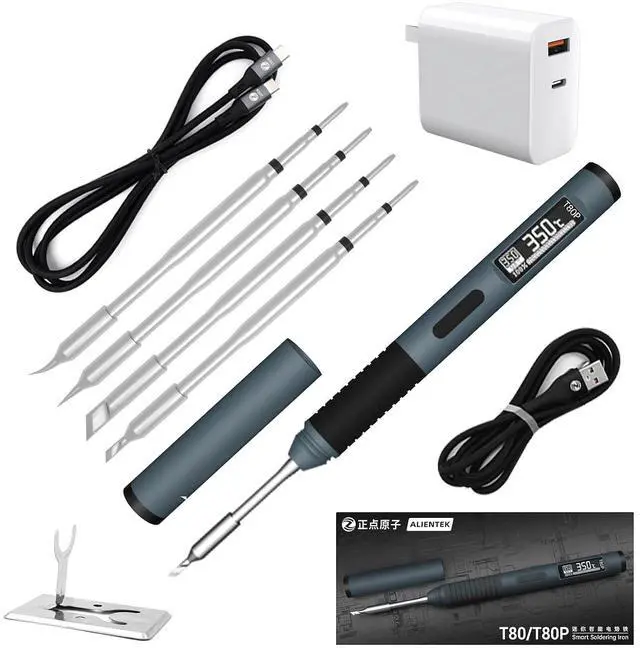 Main image of Soldering Iron Kit, PD/QC 100W Mini Digital Soldering Iron 176-842 Fast Heating T80/T80P,Type-C Portable Digital OLED Screen Display, Auto Sleep (T80P+C2C+4 type tips+PD 65W)