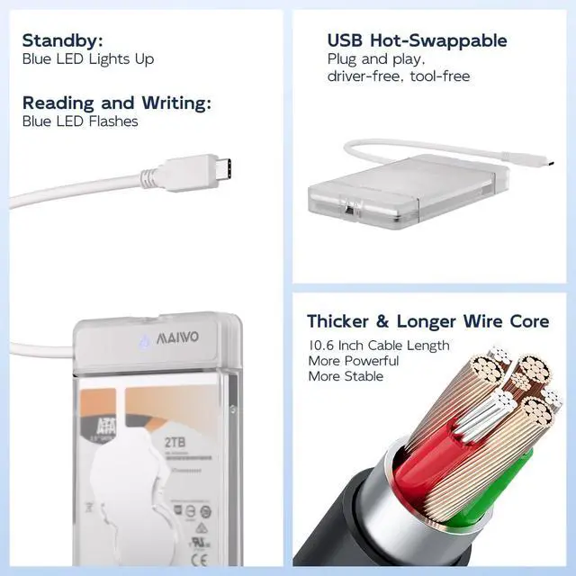 Alt view image 6 of 7 - SATA to USB Cable, 2.5 inch SATA SSD/HDD to USB 3.0 Adapter, External Hard Drive Enclosure Converter Reader Storage Case for 2.5 inch sata I/II/III SSD/HDD, 8TB Capacity (USB-C, White)