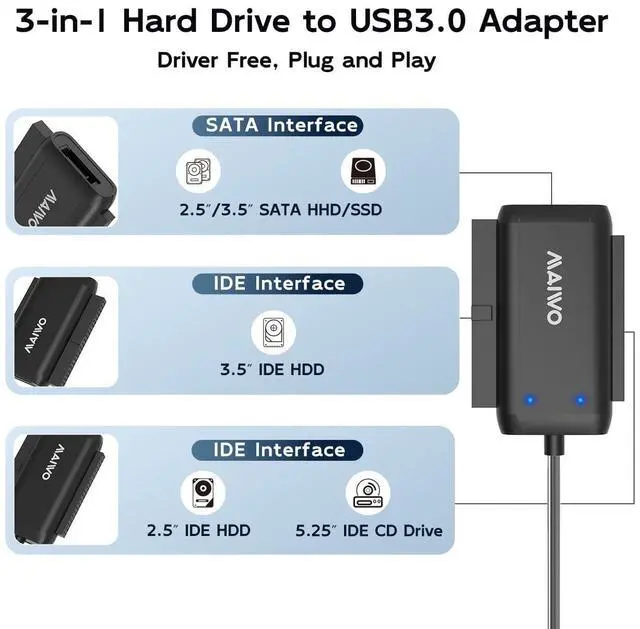 Alt view image 2 of 7 - SATA IDE to USB 3.0 Adapter Cable, Hard Drive Reader Converter for 2.5/3.5 Inch IDE HDD, 2.5/3.5 Inch SATA HDD/SSD, 5.25 Inch DVD/CD Drive, 12V 2A Power Adapter