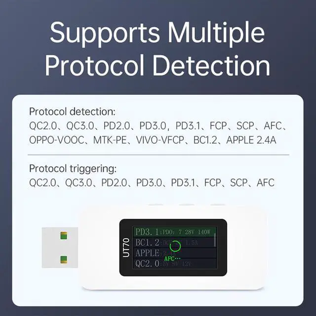 Alt view image 5 of 6 - UT70 USB Tester 0-28V 7A USB Digital Voltage Current Power Tester Multimeter, Fast Charge Detection Trigger Capacity Ripple Measurement, PD2.0/PD3.0,QC2.0/QC3.0 ALIENTEK (UT70 USB Tester)