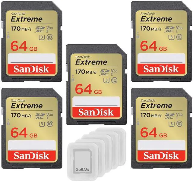 Main image of 64GB (5 Pack) Extreme SDXC UHS-I Class 10 Memory Card 170MB/s U3, V30, 4K, SD Camera Card SDSDXV2-064G Bundle with (5) GoRAM Plastic Cases (64GB, 5 Pack)