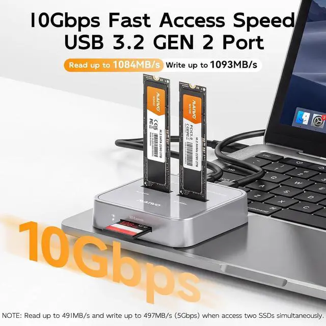Alt view image 2 of 7 - M.2 NVMe SATA SSD to USB-C Adapter, SD Card Reader, USB 3.1 Gen2 10Gbps Triple Bay Hard Drive Docking Station, 5V 3A Power, Support SD Express 7.0/7.1