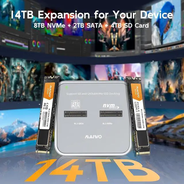 Alt view image 3 of 7 - M.2 NVMe SATA SSD to USB-C Adapter, SD Card Reader, USB 3.1 Gen2 10Gbps Triple Bay Hard Drive Docking Station, 5V 3A Power, Support SD Express 7.0/7.1