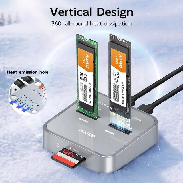 Alt view image 4 of 7 - M.2 NVMe SATA SSD to USB-C Adapter, SD Card Reader, USB 3.1 Gen2 10Gbps Triple Bay Hard Drive Docking Station, 5V 3A Power, Support SD Express 7.0/7.1