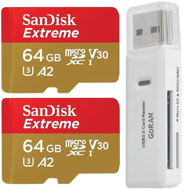 Main image of 64GB (2 Pack) Extreme microSDXC 170MB/s UHS-I Memory Card SDSQXAH-064G-GN6MN Bundle with (1) GoRAM Card Reader (64GB, 2 Pack)