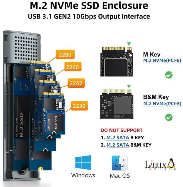 Alt view image 2 of 7 - M.2 NVMe SSD Enclosure Tool Free, USB 3.1 10Gbps with UASP Trim, M.2 NVMe PCIe SSD to USB C Adapter Reader Case 8TB Capacity