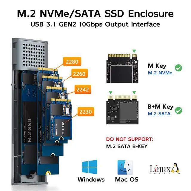 Alt view image 3 of 7 - M.2 SSD Enclosure for PCIe NVMe and NGFF SATA Solid State Drive, USB C 3.1 10Gbps with UASP Trim, 8TB Capacity, Tool Free M.2 to USB Adapter Case Reader