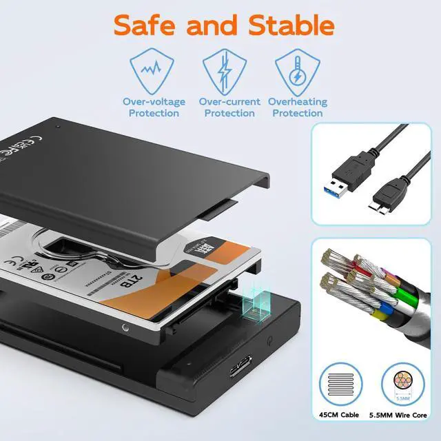 Alt view image 4 of 6 - Hard Drive Enclosure for 2.5 inch SATA HDD SSD 7-9.5mm, USB 3.0 6Gbps with UASP, 6TB Capacity, Tool Free External Hard Drive Adapter Reader Case