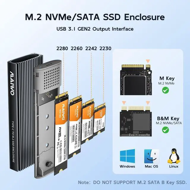Alt view image 3 of 6 - M.2 NVMe SATA SSD Enclosure, USB 3.1 GEN2 10Gbps with UASP Trim, Up to 8TB, Tool Free PCIe NVMe NGFF SATA SSD Reader Case for 2230/2242/2260/2280mm M Key B+M Key