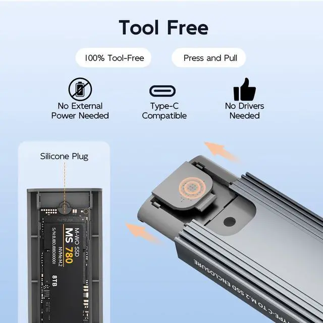 Alt view image 4 of 6 - M.2 NVMe SATA SSD Enclosure, USB 3.1 GEN2 10Gbps with UASP Trim, Up to 8TB, Tool Free PCIe NVMe NGFF SATA SSD Reader Case for 2230/2242/2260/2280mm M Key B+M Key