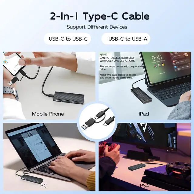 Alt view image 6 of 6 - M.2 NVMe SATA SSD Enclosure, USB 3.1 GEN2 10Gbps with UASP Trim, Up to 8TB, Tool Free PCIe NVMe NGFF SATA SSD Reader Case for 2230/2242/2260/2280mm M Key B+M Key