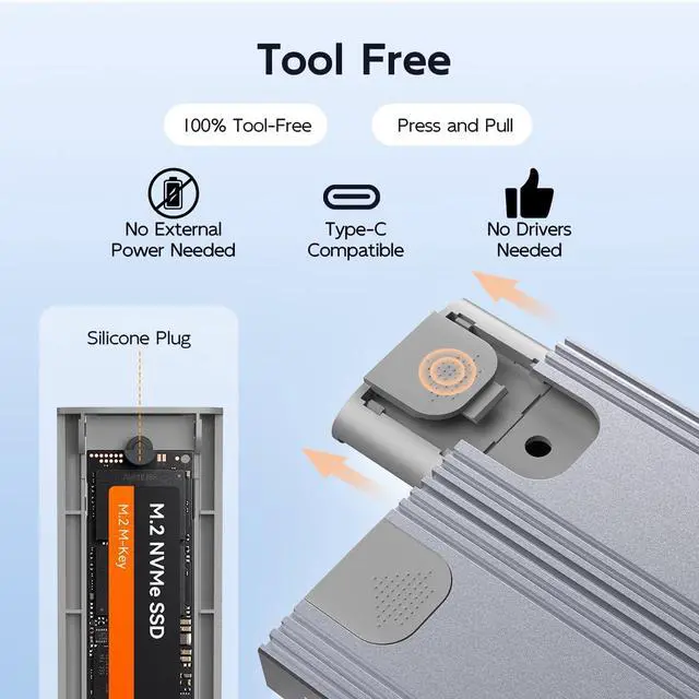 Alt view image 4 of 7 - Dual Bay M.2 NVMe SSD Enclosure, USB3.1 GEN2 10Gbps with UASP Trim, Up to 16TB, Tool Free PCIe NVMe SSD Enclosure for 2230/2242/2260/2280mm M Key B+M Key