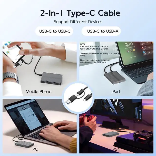 Alt view image 6 of 7 - Dual Bay M.2 NVMe SSD Enclosure, USB3.1 GEN2 10Gbps with UASP Trim, Up to 16TB, Tool Free PCIe NVMe SSD Enclosure for 2230/2242/2260/2280mm M Key B+M Key