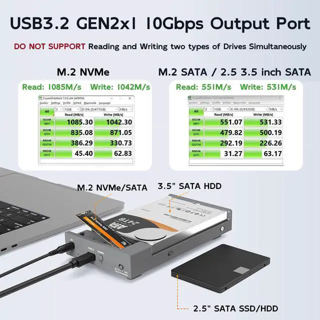 Alt view image 3 of 6 - Dual Bay Enclosure for M.2 NVMe SATA SSD and 2.5 3.5 inch SATA SSD HDD, External Hard Drive to USB C Adapter, 10Gbps 32TB CapacityDO NOT Support Clone