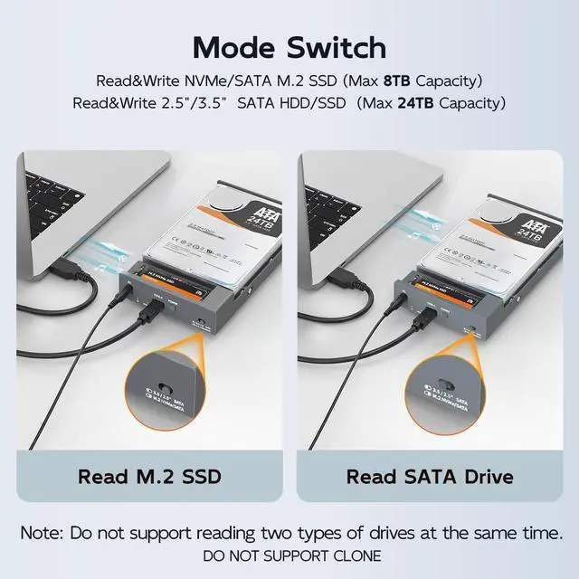 Alt view image 4 of 6 - Dual Bay Enclosure for M.2 NVMe SATA SSD and 2.5 3.5 inch SATA SSD HDD, External Hard Drive to USB C Adapter, 10Gbps 32TB CapacityDO NOT Support Clone
