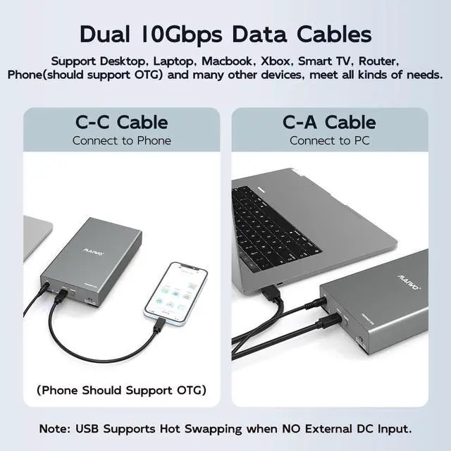 Alt view image 5 of 6 - Dual Bay Enclosure for M.2 NVMe SATA SSD and 2.5 3.5 inch SATA SSD HDD, External Hard Drive to USB C Adapter, 10Gbps 32TB CapacityDO NOT Support Clone