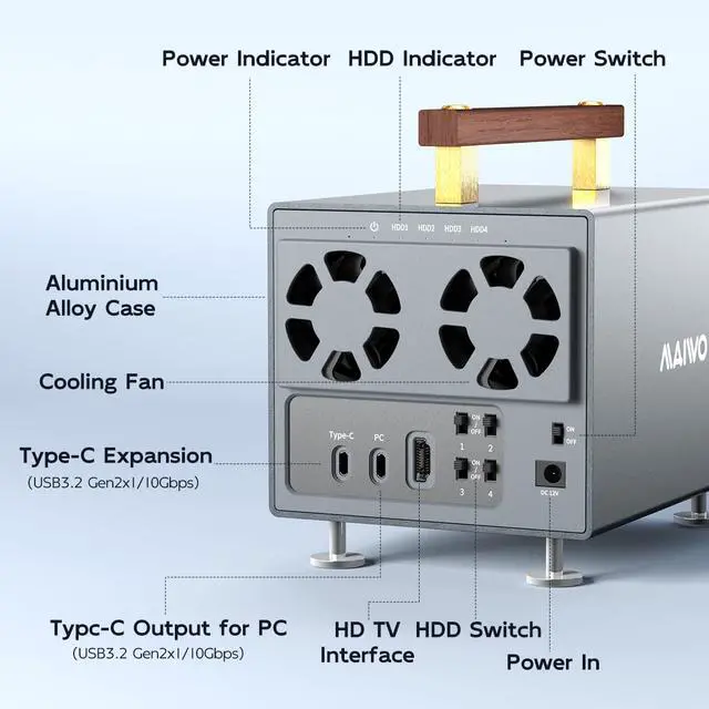Alt view image 2 of 7 - 4 Bay Hard Drive Enclosure for 3.5 Inch SATA HDD with SATA III Chipset USB3.2 Gen2 10Gbps Speed, Support HDTV/Type-C Extension/Daisy Chain, 96TB Capacity, External 3.5'' HDD Enclosure
