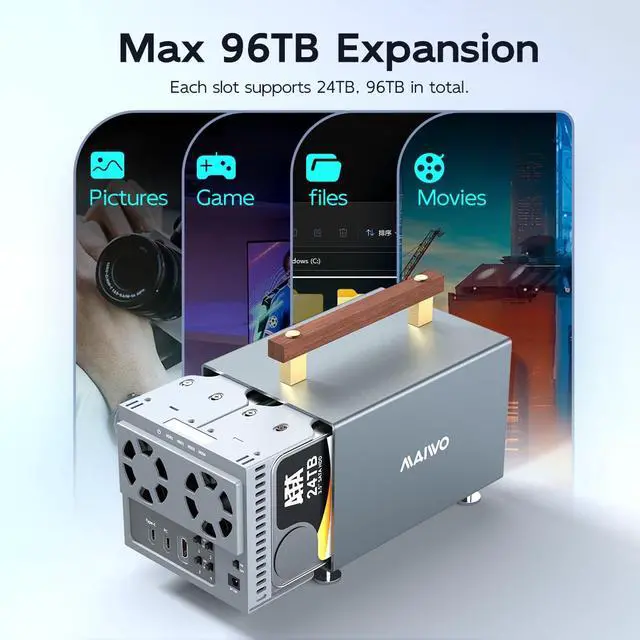 Alt view image 4 of 7 - 4 Bay Hard Drive Enclosure for 3.5 Inch SATA HDD with SATA III Chipset USB3.2 Gen2 10Gbps Speed, Support HDTV/Type-C Extension/Daisy Chain, 96TB Capacity, External 3.5'' HDD Enclosure
