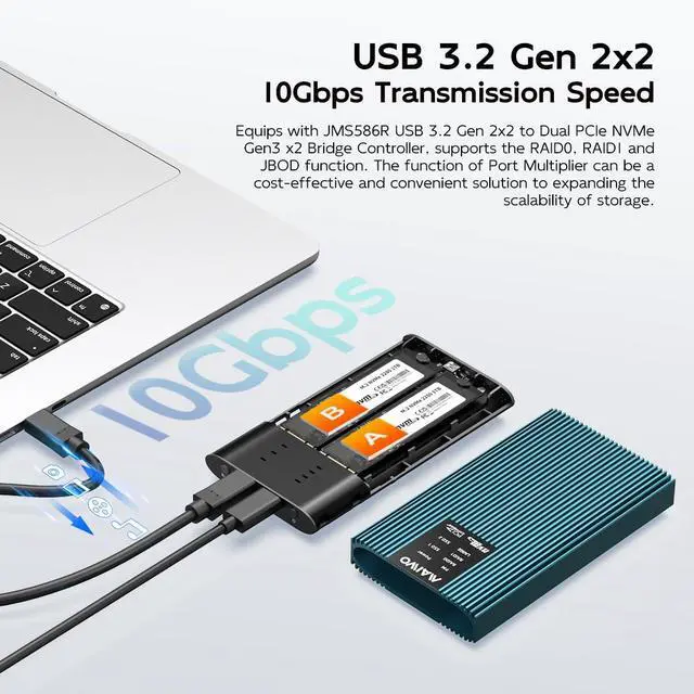 Alt view image 2 of 6 - NVMe RAID Enclosure Dual Bay M.2 PCIe NVMe SSD Reader with RAID 0/1/PM/JBOD, USB 3.2 GEN2x2 Type-C 20Gbps Speed, 16TB Capacity (K2022R)