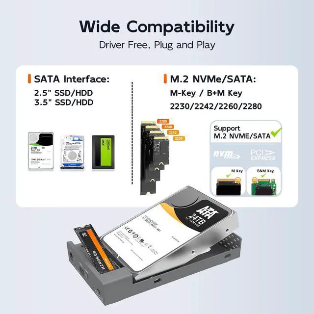 Alt view image 2 of 6 - Dual Bay Enclosure for M.2 NVMe SATA SSD and 2.5 3.5 inch SATA SSD HDD, External Hard Drive to USB C Adapter, 10Gbps 32TB CapacityDO NOT Support Clone