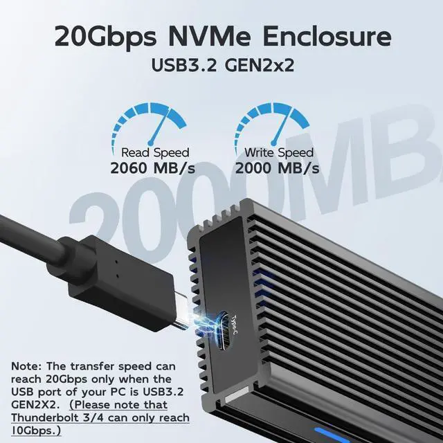 Alt view image 2 of 7 - M.2 NVMe SSD Enclosure 20Gbps USB3.2 GEN2x2, NVMe to USB Adapter Reader Support Thunderbolt3/4 USB4/3.2/3.1/3.0 Aluminum Case 8TB Capacity