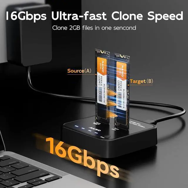 Alt view image 2 of 7 - M.2 NVMe SSD Cloner Duplicator, USB3.2 Gen2 16Gbps Clone Speed, Dual Bay Hard Drive Docking Station Reader Copier for PCIe NVMe M-Key SSD with UASP, 5V 3A Power, Access Two SSDs Simultaneously