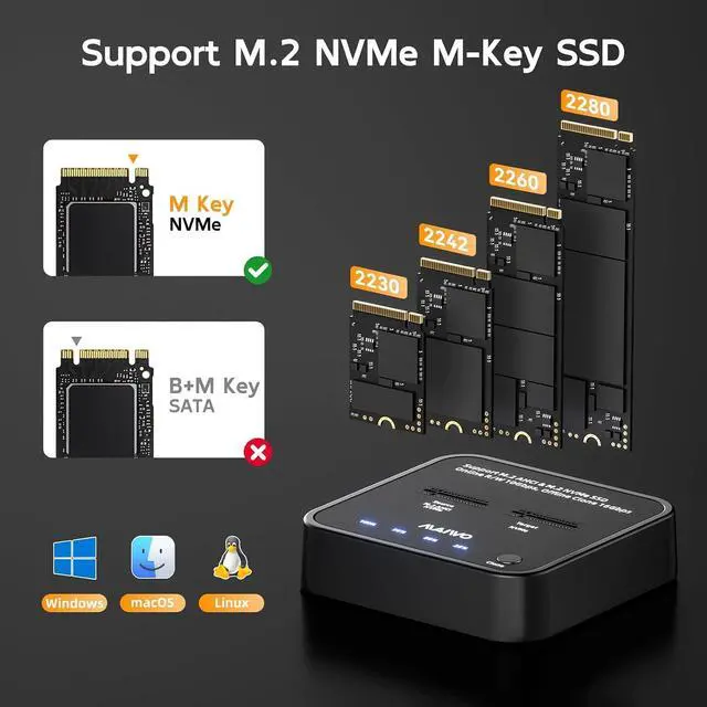 Alt view image 4 of 7 - M.2 NVMe SSD Cloner Duplicator, USB3.2 Gen2 16Gbps Clone Speed, Dual Bay Hard Drive Docking Station Reader Copier for PCIe NVMe M-Key SSD with UASP, 5V 3A Power, Access Two SSDs Simultaneously