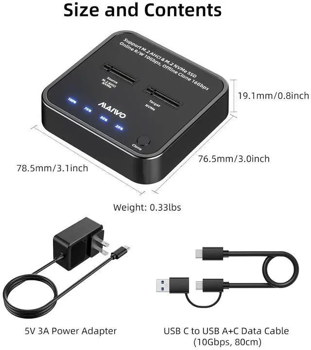 Alt view image 7 of 7 - M.2 NVMe SSD Cloner Duplicator, USB3.2 Gen2 16Gbps Clone Speed, Dual Bay Hard Drive Docking Station Reader Copier for PCIe NVMe M-Key SSD with UASP, 5V 3A Power, Access Two SSDs Simultaneously