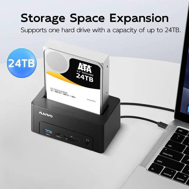 Alt view image 4 of 7 - Hard Drive Docking Station for 2.5 3.5 Inch SATA HDD SSD, USB 3.0/eSATA 5Gbps Speed with UASP, 24TB Capacity, External HDD Reader